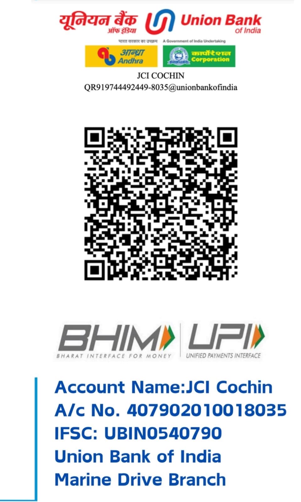 Union Bank of India UPI QR code for JCI Cochin payments